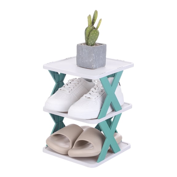 Uxcell 3-Tier Plastic Shoe Rack, Vertical Shoe Rack Stackable Storage Organizer Folding Space-Saving Narrow Slot Shelf for Closet Livingroom Entryway Garage, Blue/White
