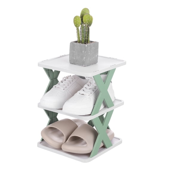 Uxcell 3-Tier Plastic Shoe Rack, Vertical Shoe Rack Stackable Storage Organizer Folding Space-Saving Narrow Slot Shelf for Closet Livingroom Entryway Garage, Green/White