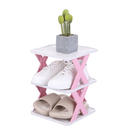 Uxcell 3-Tier Plastic Shoe Rack, Vertical Shoe Rack Stackable Storage Organizer Folding Space-Saving Narrow Slot Shelf for Closet Livingroom Entryway Garage, Pink/White