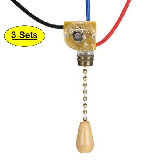 Uxcell 3 Way Fan Light Switch with Golden Pull Chain and Wood Knob 3 Pack
