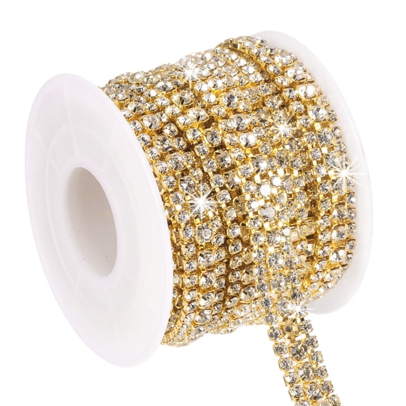 Uxcell 3 Yards Rhinestone Chain Roll, 3 Rows Crystal Close Chain Bling Trim, Gold/White