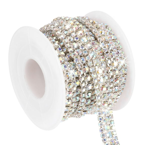 Uxcell 3 Yards Rhinestone Chain Roll, 3 Rows Crystal Close Chain Bling Trim, Silver/AB Colorful