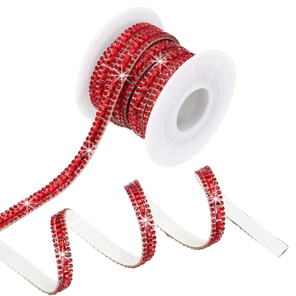 Uxcell 3 Yards x 0.3 Inch Rhinestone Ribbon, Self Adhesive Rhinestone Strips Bling Crystal Diamond Stickers Tape Glitter Wrap Roll for DIY Art Craft Car Decor, Red