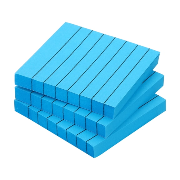 Uxcell 3" x 3" Lined Sticky Notes, Fluorescent Colored Self-Stick Note Pads 100 Sheets/Pad, Blue, 3 Pack