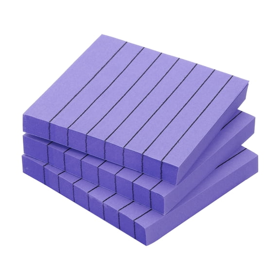 Uxcell 3" x 3" Lined Sticky Notes, Fluorescent Colored Self-Stick Note Pads 100 Sheets/Pad, Purple, 3 Pack