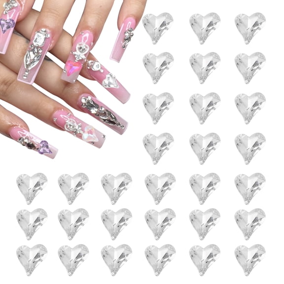 Uxcell 30 Pcs 3D Heart Nail Charm Crystals Heart Nail Gems 12x13mm Crooked Heart-Shape Nail Charm Art Rhinestone for Valentine's Day Nail DIY Decoration Jewelry Making, Transparent