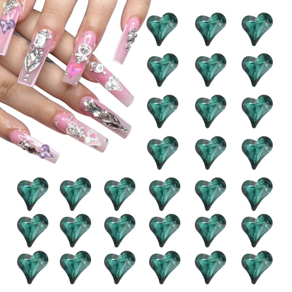 Uxcell 30 Pcs 3D Heart Nail Charm Crystals Heart Nail Gems 12x13mm Crooked Heart-Shape Nail Charm Art Rhinestone for Valentine's Day Nail DIY Decoration Jewelry Making, Green