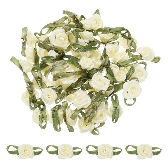 Uxcell 30 Pcs Beige Ribbon Roses 5/8"x1-3/16" Mini Roses for Sewing Appliques Crafts Little Satin Bows Roses Artificial Flowers
