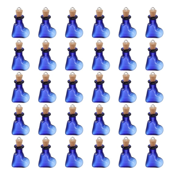 Uxcell 30 Pcs Mini Glass Bottles Jars, Tilted Heart Small Cute Glass Jars Vials Pendants Small Vials Wishing Bottle with Cork Stoppers and Eye Screws for DIY Crafts Favorss, Blue