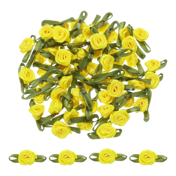 Uxcell 30 Pcs Yellow Ribbon Roses 5/8"x1-3/16" Mini Roses for Sewing Appliques Crafts Little Satin Bows Roses Artificial Flowers