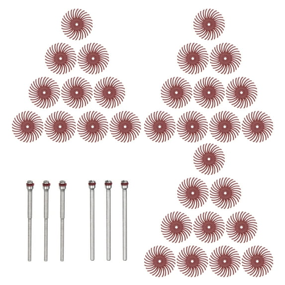 Uxcell 30 Pieces Radial Bristle Disc Set 1" 220 Grit Detail Abrasive Brush Kit with 1/8" 3/32" Shank Mandrels, Red