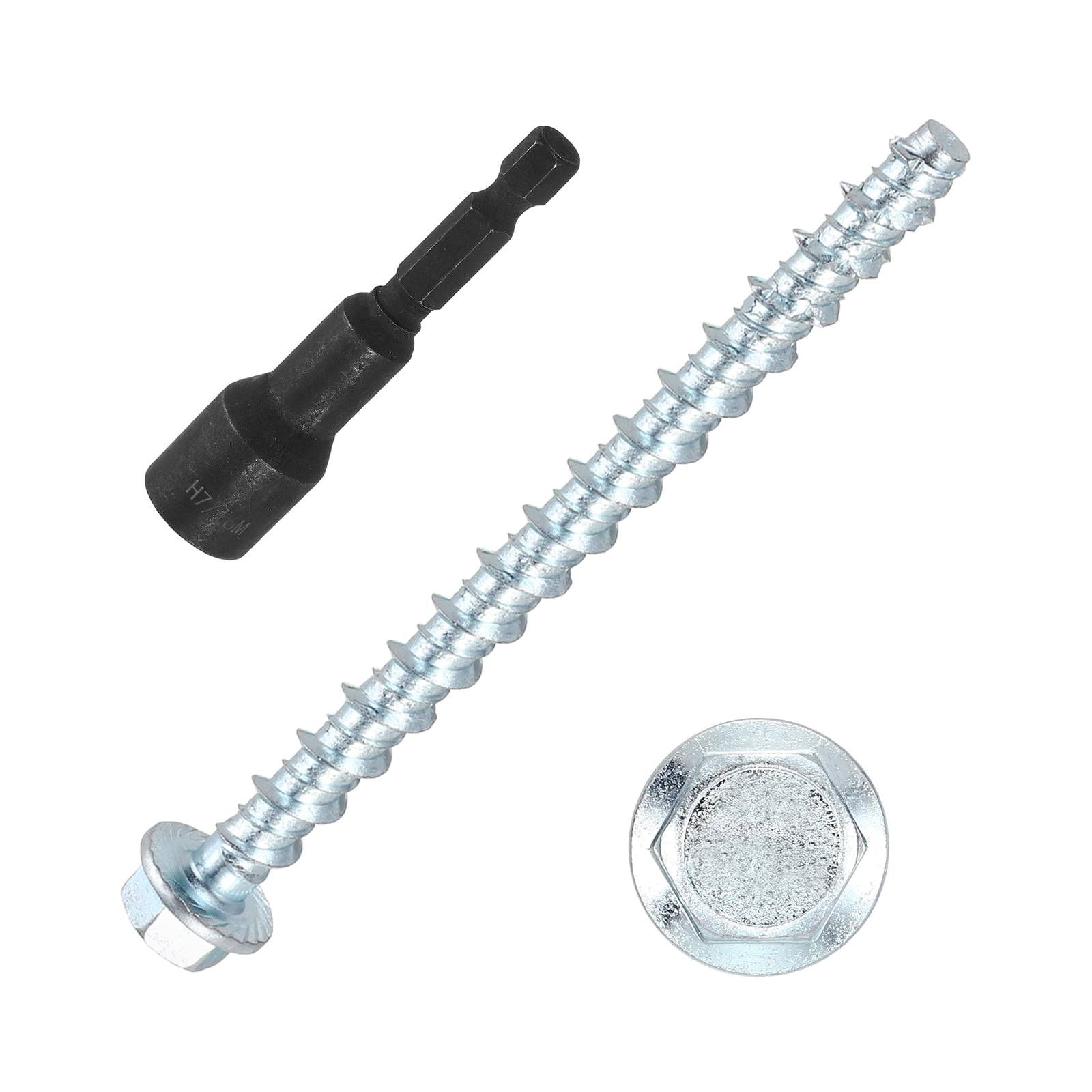 Uxcell 30 Set Concrete Screws and Impact Socket, 1/4"x4" Galvanized Hexagonal Flange Concrete Self-Tapping Screw with Impact Socket for Concrete Brick Block Stucco Wall, Blue White