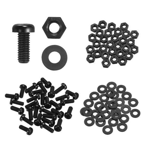 Uxcell 30 Set M4x10mm Nylon Plastic Cross Round Head Screw Phillips Bolts Hex Nuts Flat Washers Assortment Kit, Metric Full Thread Bolt Fasteners for DIY Machine Assembly, Black
