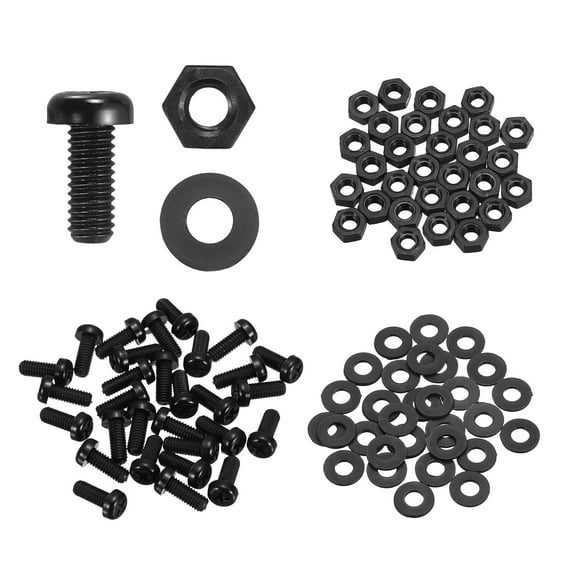 Uxcell 30 Set M4x10mm Nylon Plastic Cross Round Head Screw Phillips Bolts Hex Nuts Flat Washers Assortment Kit, Metric Full Thread Bolt Fasteners for DIY Machine Assembly, Black