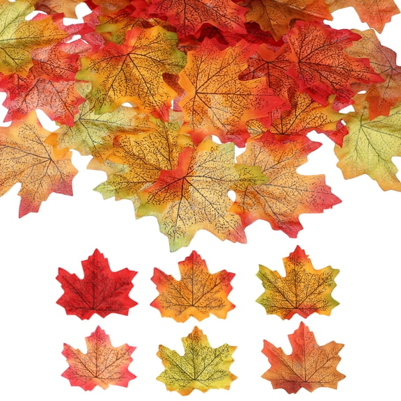 Uxcell 300 Pack Fall Leaves 3.3 Inch Colored Mixed Fake Leaves Artificial Maple Leaf Decorations for Halloween Thanksgiving Day Wedding Party Craft Prop Holiday, Dark Red and Yellow Series