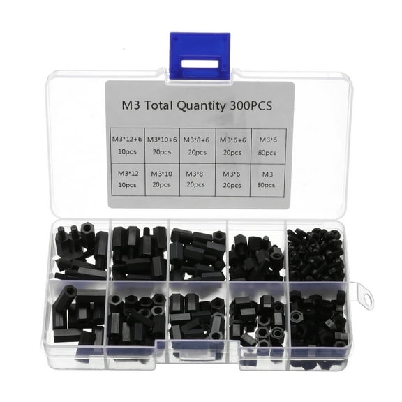 Uxcell 300 Pack M3 Male Female Nylon Hex Spacer Standoffs Screws Nuts Assortment Kit for PCB Motherboard, Black