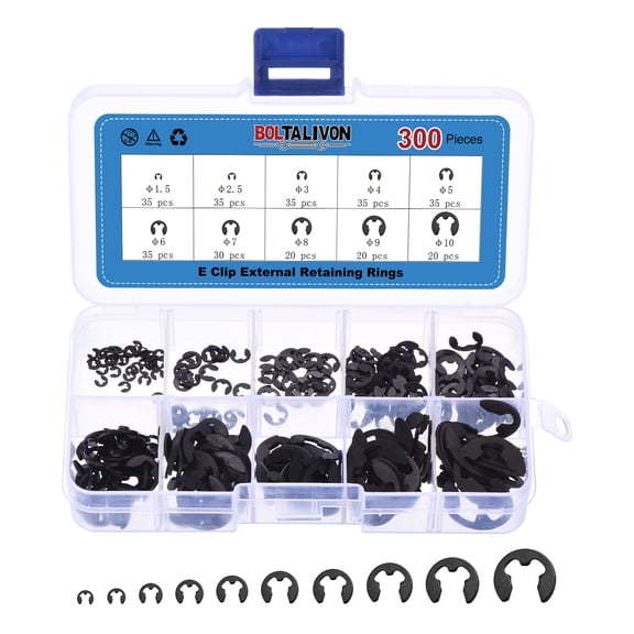 Uxcell 300 Pcs M1.5-M10 External Retaining Ring - 1.5mm-10mm E Clip Snap Rings Spring Steel External Circlip Retaining Clip for Axles, Shaft, Equipment Bearings, Moving Parts, Black