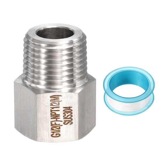 Uxcell 304 Stainless Steel Forged Pipe Fitting, 1/2" G Female to 1/2" NPT Thread Adapter Hex Pipe Fitting Adapter for Hose Line Connection Convert, Silver(1.34x1.06")