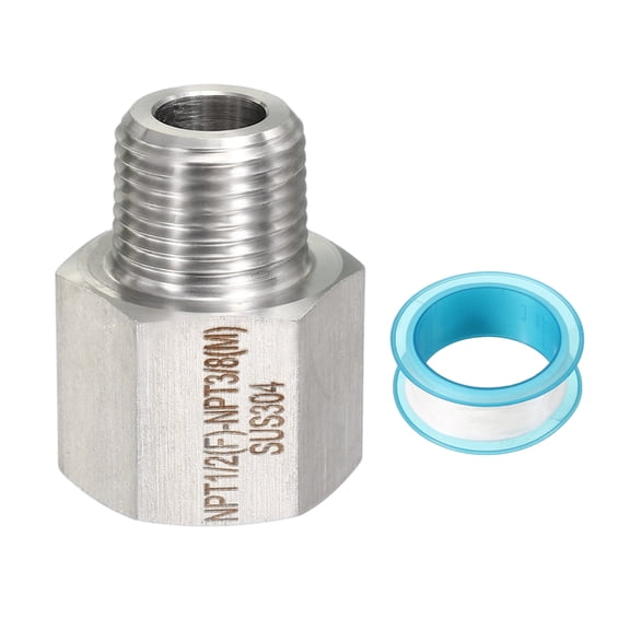 Uxcell 304 Stainless Steel Forged Pipe Fitting, 1/2" NPT Female to 3/8" NPT Thread Adapter Hex Pipe Fitting Adapter for Hose Line Connection Convert, Silver(1.34x1.06")