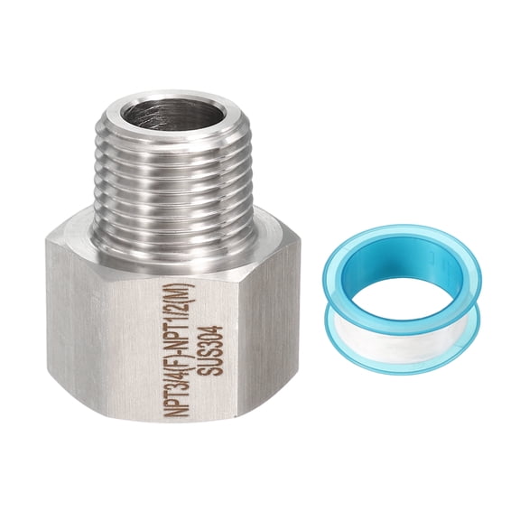 Uxcell 304 Stainless Steel Forged Pipe Fitting, 3/4" NPT Female to 1/2" NPT Thread Adapter Hex Pipe Fitting Adapter for Hose Line Connection Convert, Silver(1.5x1.34")
