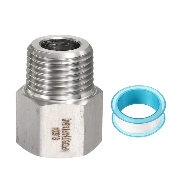 Uxcell 304 Stainless Steel Forged Pipe Fitting, 3/8" NPT Female to 1/2" NPT Thread Adapter Hex Pipe Fitting Adapter for Hose Line Connection Convert, Silver(1.3x1.06")