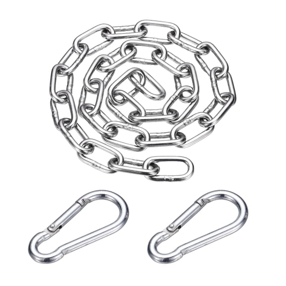 Uxcell 304 Stainless Steel Link Chain with 2 Hook (1/4" x 3.3 ft / 1 m x 6 mm) - Utility Hanging Coil Chain Link Locking Pulling for Outdoor Fence Pet Dog