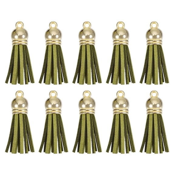 Uxcell 30Pack 1.5" Leather Tassels Keychain Charm with Gold Cap for DIY, Olive Green