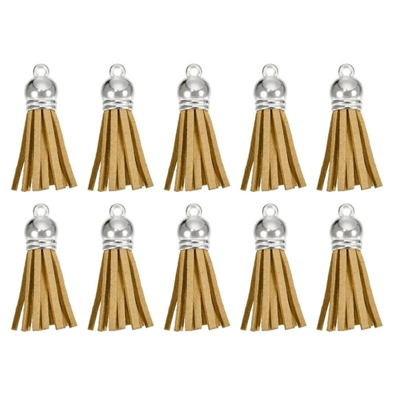 Uxcell 30Pack 1.5" Leather Tassels Keychain Charm with Silver Cap for DIY, Khaki