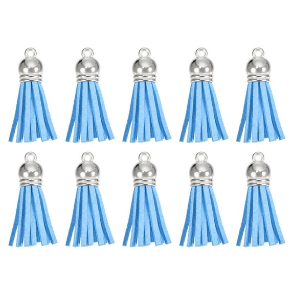 Uxcell 30Pack 1.5" Leather Tassels Keychain Charm with Silver Cap for DIY, Sky Blue