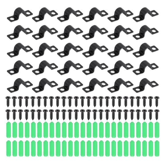 Uxcell 30Pcs 10mm(3/8") Two Hole Pipe Strap, Rigid U Brackets Conduit Clamp Heavy Duty Carbon Steel Pipe Strap Clip with Self-Tapping Screws and Expansion Tube for Fixing Wire Cord
