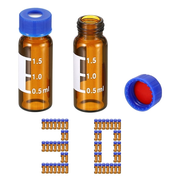 Uxcell 30Pcs 2ml Autosampler Vial, HPLC/GC 9-425 Borosilicate Glass Vial, Amber Autosampler Sample Bottle with Screw Cap, Graduations and Writing Patch, and White Silicone Septa