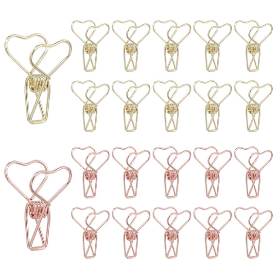 Uxcell 30Pcs Paper Office Binder Clips, 1.2" Small Metal Wire Hollow Out Paper Clamps Heart Design Long Tail Binder Clips for Photo Clothes Hanging Office Home Food Package, Gold/Rose Gold