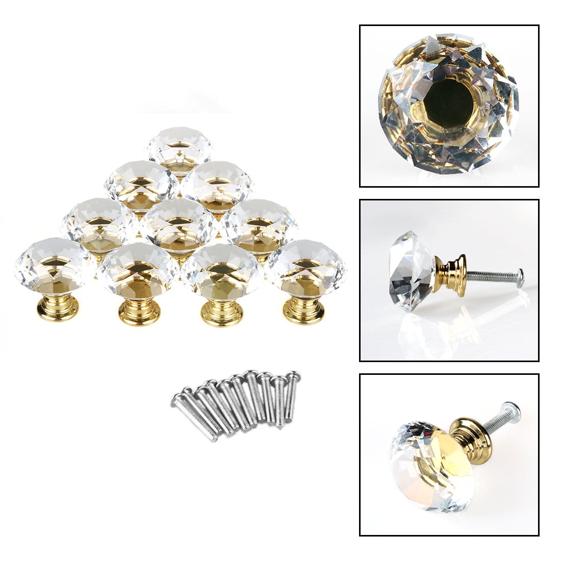 Uxcell 30mm Diamond Crystal Glass Drawer Pull Handle Knobs 10pcs, Gold Tone Uxcell 30mm Diamond Crystal Glass Drawer Pull Handle Knobs 10pcs, Gold Tone