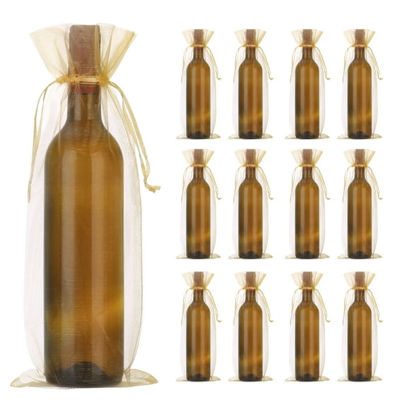Uxcell 30pcs Organza Wine Bags, 15x5.5" Sheer Mesh Wine Gift Pouches for Wedding and Birthday, Gold