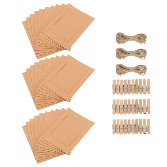 Uxcell 30pcs Paper Photo Frames Kit, 4 x 6" Kraft Photo Display Banner with Clips and String Picture Frame Hanging Display for Wedding Birthday Party Wall Decor, Brown