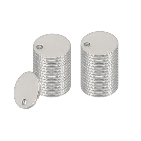 Uxcell 32 Pcs Metal Stamping Blanks, 8mm Round Name Tags Stainless Steel Circle Blanks Label Flat Plate Disc with Hole for Laser Engraving Stamping Dog Tags Keychain Making, Silver Tone