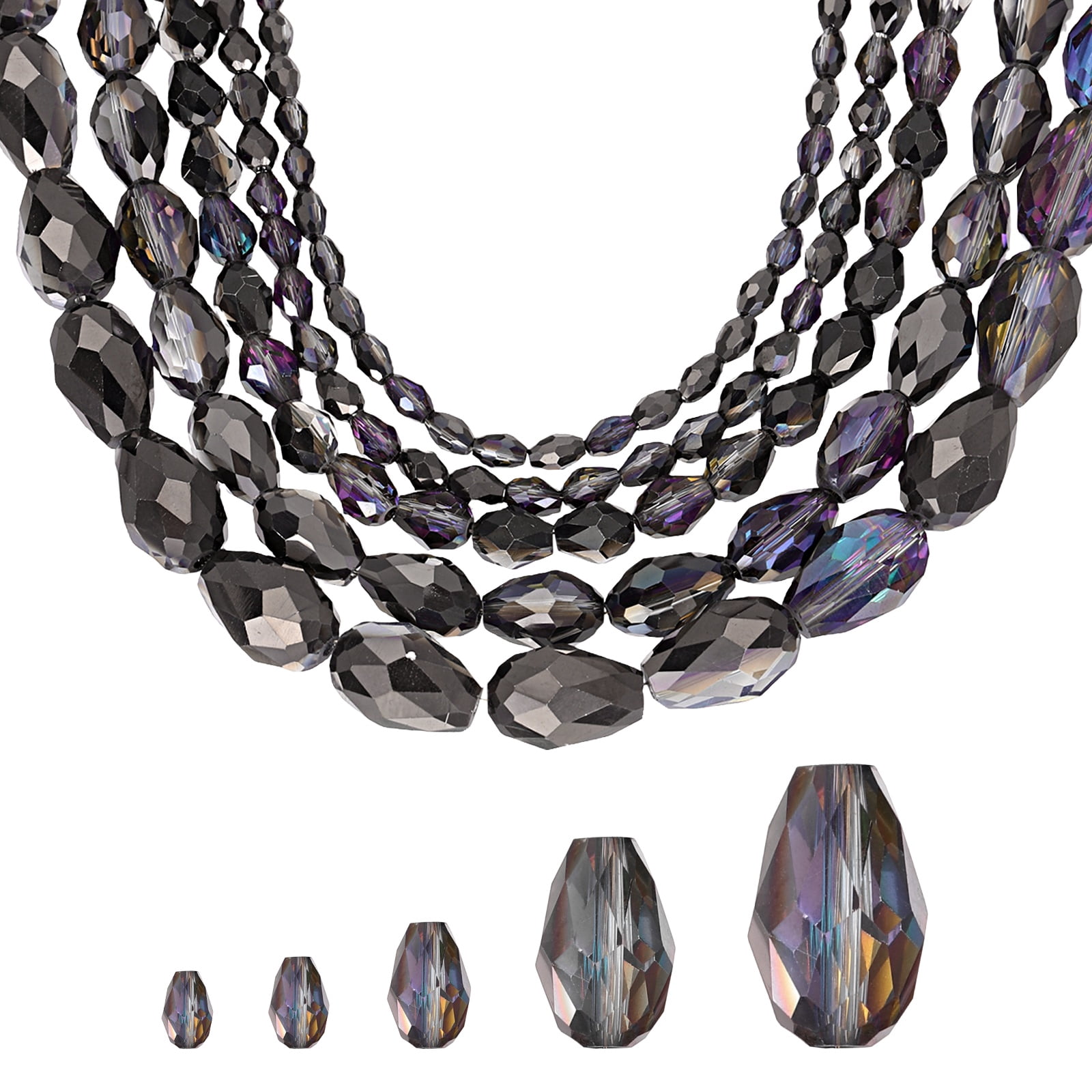 Uxcell 328 PCS Teardrop Crystal Glass Beads, 3x5mm 4x6mm 6x8mm 8x12mm 10x15mm Vertical Hole Faceted Glass Teardrop Spacer Beads for Necklace Bracelet DIY Jewelry Making, Black Purple