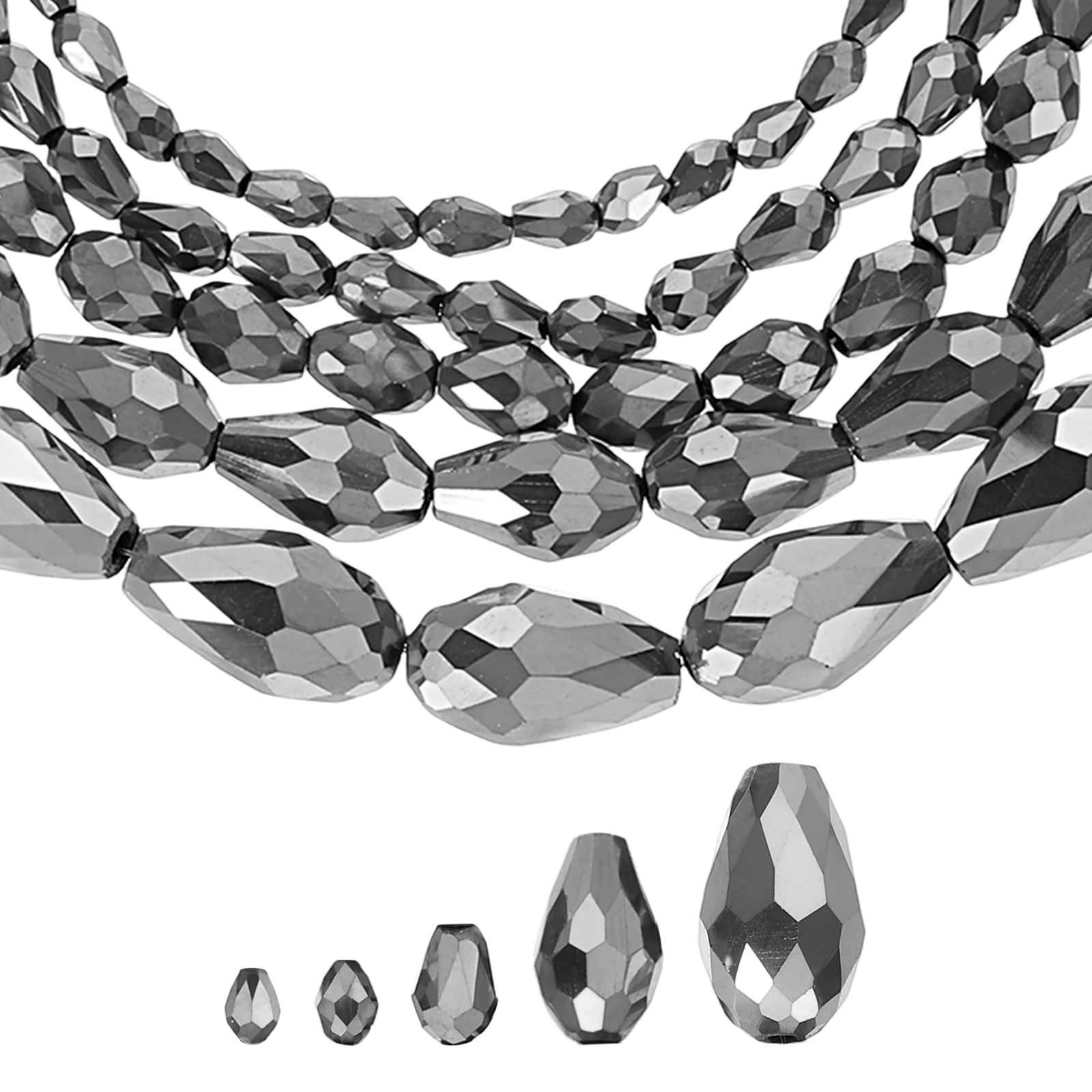 Uxcell 328 PCS Teardrop Crystal Glass Beads, 3x5mm 4x6mm 6x8mm 8x12mm 10x15mm Vertical Hole Faceted Glass Teardrop Spacer Beads for Necklace Bracelet DIY Jewelry Making, Silver