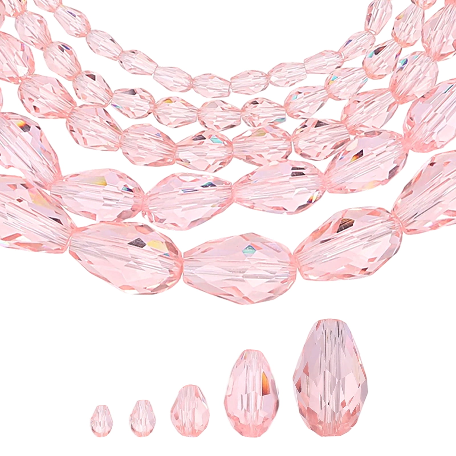 Uxcell 328 PCS Teardrop Crystal Glass Beads, 3x5mm 4x6mm 6x8mm 8x12mm 10x15mm Vertical Hole Faceted Glass Teardrop Spacer Beads for Necklace Bracelet DIY Jewelry Making, Soft Pink