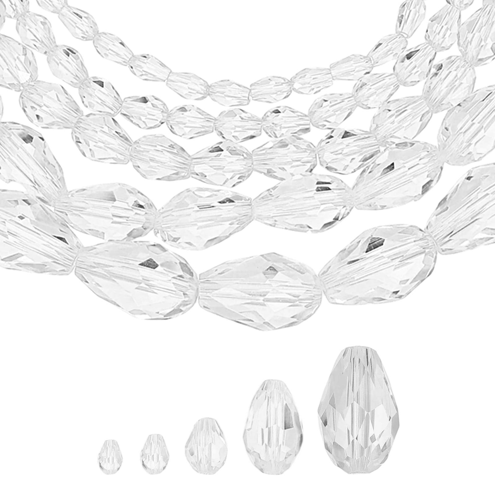 Uxcell 328 PCS Teardrop Crystal Glass Beads, 3x5mm 4x6mm 6x8mm 8x12mm 10x15mm Vertical Hole Faceted Glass Teardrop Spacer Beads for Necklace Bracelet DIY Jewelry Making, White