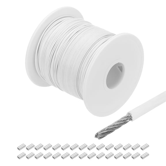 Uxcell 328Ft(100M)  Wire Rope 304 Stainless Steel Cable 3/64"(1mm) Vinyl Coated with 30Pcs Aluminum Sleeves White
