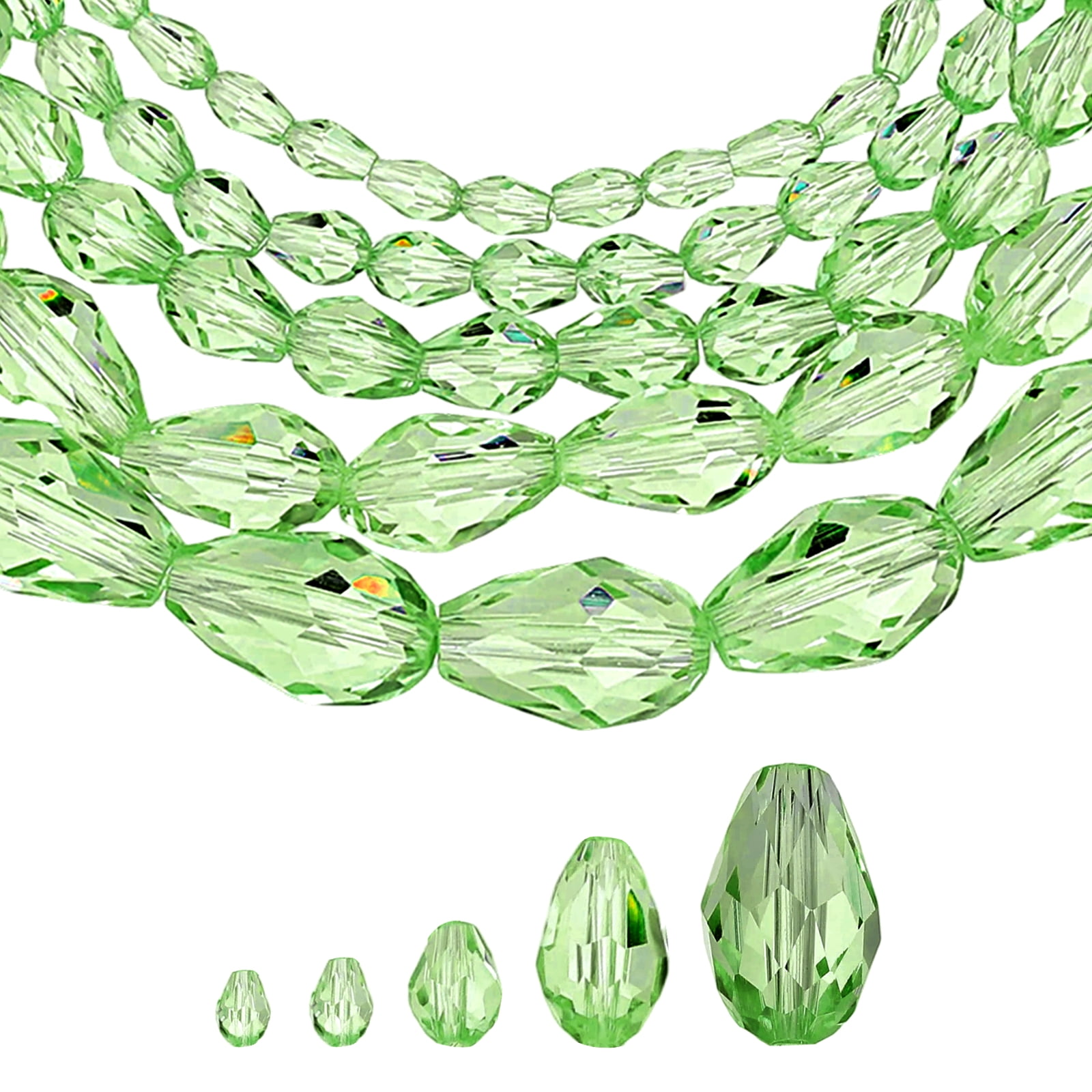 Uxcell 328 PCS Teardrop Crystal Glass Beads, 3x5mm 4x6mm 6x8mm 8x12mm 10x15mm Vertical Hole Faceted Glass Teardrop Spacer Beads for Necklace Bracelet DIY Jewelry Making, Grass Green