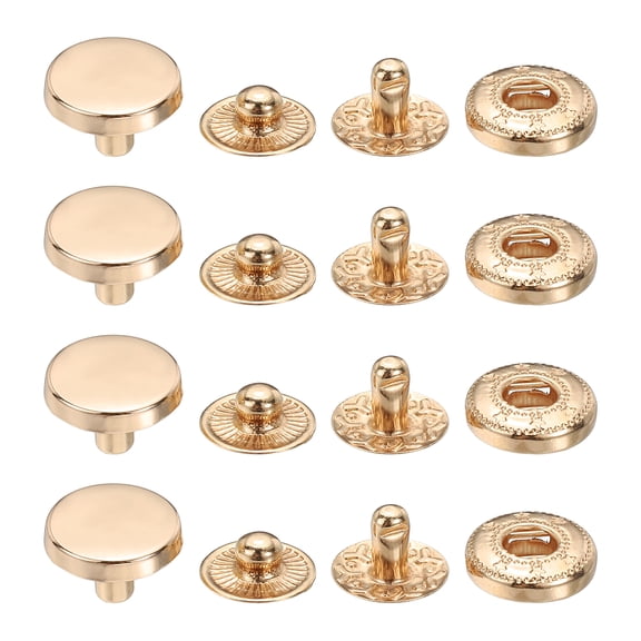 Uxcell 32Sets 655# Metal Snap Fasteners Kit for Leather 10mm/0.4" Gold Alloy Snap Press Stud Cap Buttons Sew-on for Clothing Garment Jackets Jeans Wears Bags