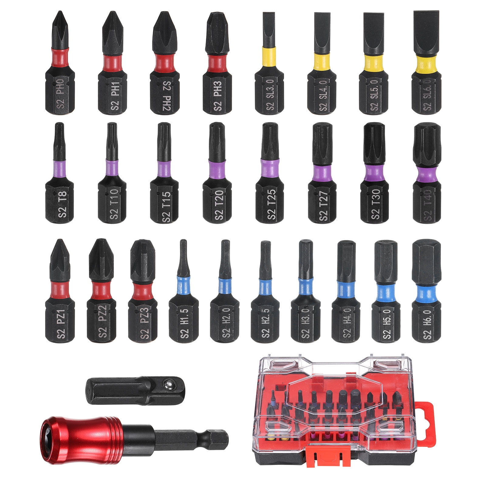 Uxcell 32pcs PH0-PH3 Phillips SL3-SL6 Slotted H1.5-H6 Hex T8-T40 Torx PZ1-PZ3 Pozi Screwdriver Bit Set 1/4" Hex Shank Magnetic Drill Bits with Coupler Bit Holder and Red Case
