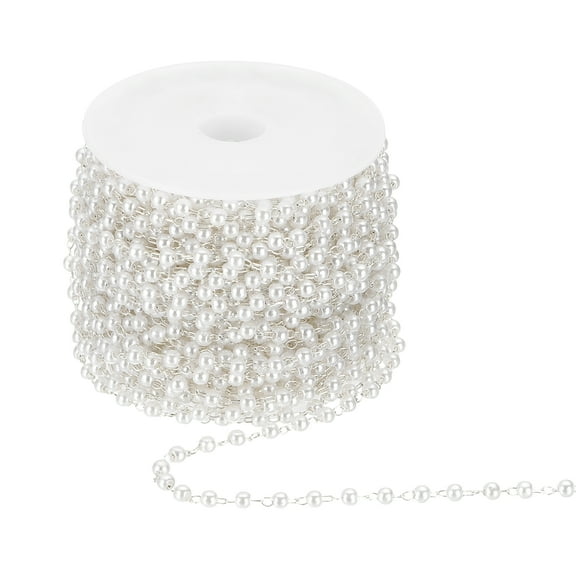 Uxcell 33 Feet Pearl Beaded Chains Roll, 3mm Faux Pearls Beads Garland String Bulk with Spool for Jewelry Making DIY Craft, Bright Silver
