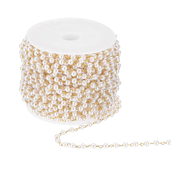 Uxcell 33 Feet Pearl Beaded Chains Roll, 3mm Faux Pearls Beads Garland String Bulk with Spool for Jewelry Making DIY Craft, Imitation Gold