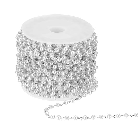 Uxcell 33 Feet Pearl Beaded Chains Roll, 3mm Faux Pearls Beads Garland String Bulk with Spool for Jewelry Making DIY Craft, White Gold