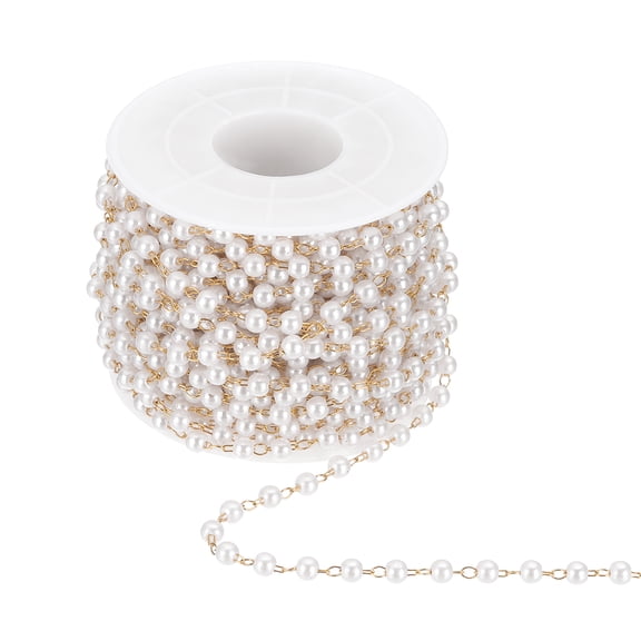 Uxcell 33 Feet Pearl Beaded Chains Roll, 4mm Faux Pearls Beads Garland String Bulk with Spool for Jewelry Making DIY Craft, Gold