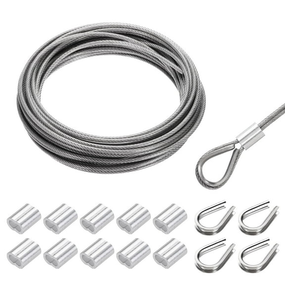 Uxcell 33FT Stainless Steel Cable Kit, 1/8" Silver 7x7 Strand Wire Rope with Loop Sleeves for Outdoor Deck Fence Wire