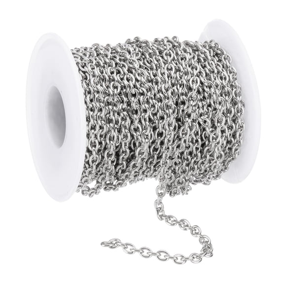 Uxcell 33Ft 304 Stainless Steel Cable Link Chains, 4mm Width Flat Metal Links Chains Jewelry Roll Spool Bulk Chain for Jewelry Making DIY Craft, Silver Tone